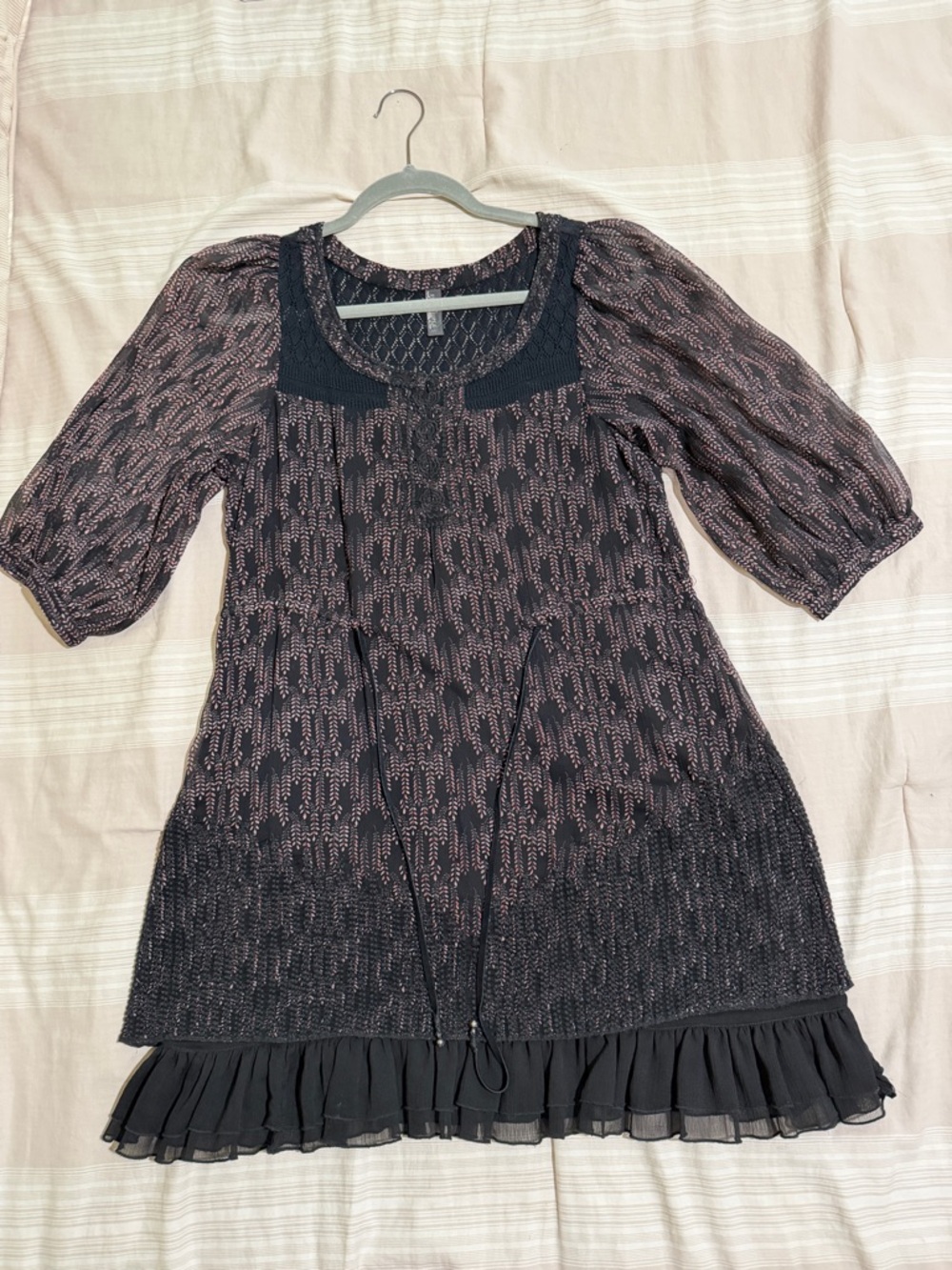 Free People printed sheer double layer dress with crochet details